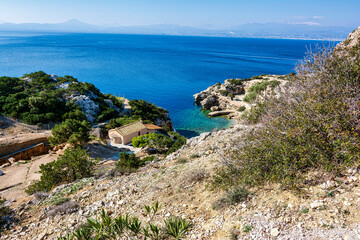 Fototapeta na wymiar View from the iconic archaeological site of Heraion near Lake Vouliagmenis, Loutraki, Greece