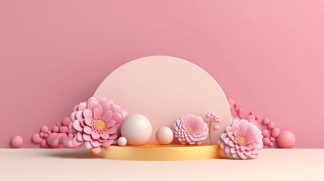 Pink podium for product photography with flowering branches. Copy space, minimalistic background