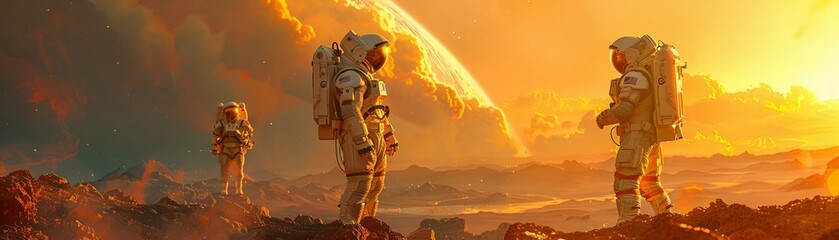 A group of astronauts stands on an alien planet, facing the lush terraformed landscape that hides the consequences of their intervention Painting with golden hour lighting