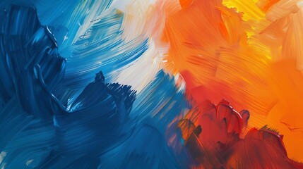 Warm abstract canvas background with blue, orange and red paint strokes - obrazy, fototapety, plakaty