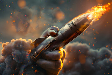 left hand holding a rockets trying to blast off. Photo realistic