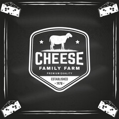 Cheese family farm badge design on the chalkboard. Template for logo, branding design with sheep lacaune on the grass. Vector illustration. Hand crafted product cheese - 765928032