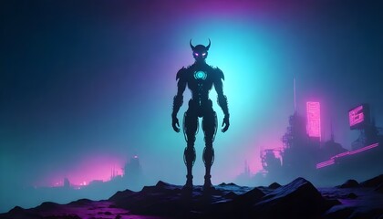Silhouette of a muscular humanoid figure with horns - obrazy, fototapety, plakaty