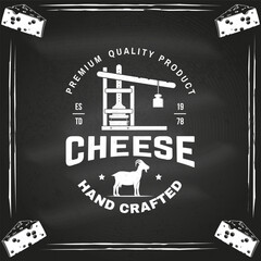 Cheese family farm poster design on the chalkboard. Template for logo, branding design with block cheese, jug of milk, fork, knife for cheese. Vector illustration. Hand crafted product cheese - 765928251