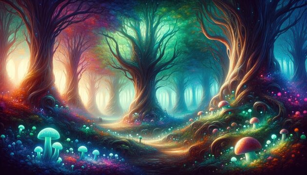 Magical Forest Pathway with Glowing Mushrooms Fantasy Scene Oil Painting