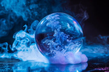Crystal ball energy magic sphere with blue smoke, mystical divination and spiritual aura concept. - obrazy, fototapety, plakaty