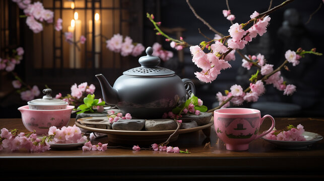 Beautiful tea set setting, Matcha tea, Cherry Blossoms