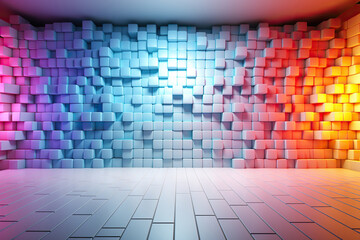 A wall with huge pixels and cubes of different colors. Abstract background. Generated by artificial intelligence