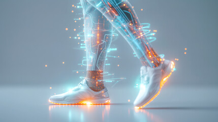 Runner’s legs are enveloped in a visual data stream, symbolizing speed and Efficiency in a high tech digital transformation, suitable for sports and digital themes