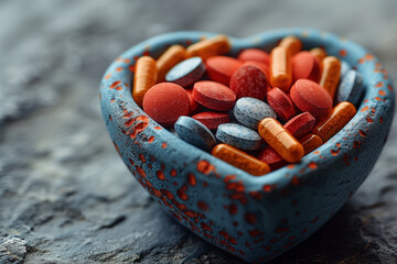 heart-shaped vessel carved from a rock filled with pills of different colors and shapes placed on a rock with relief.