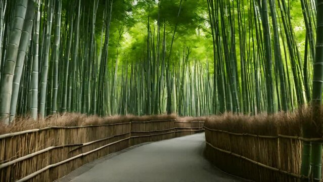 Walkway through bamboo forest in the morning 4K HDR