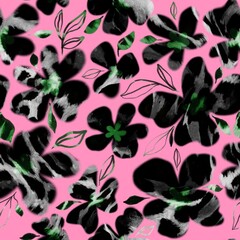 Abstract Hand Drawing Daisy Flowers and Leaves with Furry Leopard Skin Texture Seamless Pattern Isolated Background