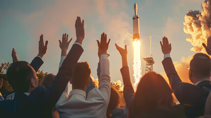 professional photo of group of diverse business people watching a rocket launch and cheering, side view - Powered by Adobe