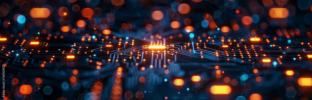 Poster blue pcb with dedicated copper traces and solder points. concept: presentations of educational mater