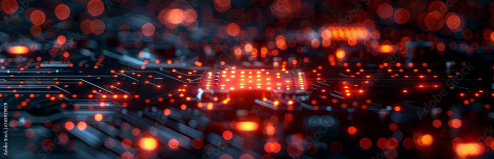 Poster red pcb with dedicated copper traces and solder points. concept: presentations of educational materi