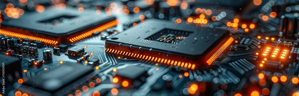 Poster blue pcb with dedicated copper traces and solder points. concept: presentations of educational mater