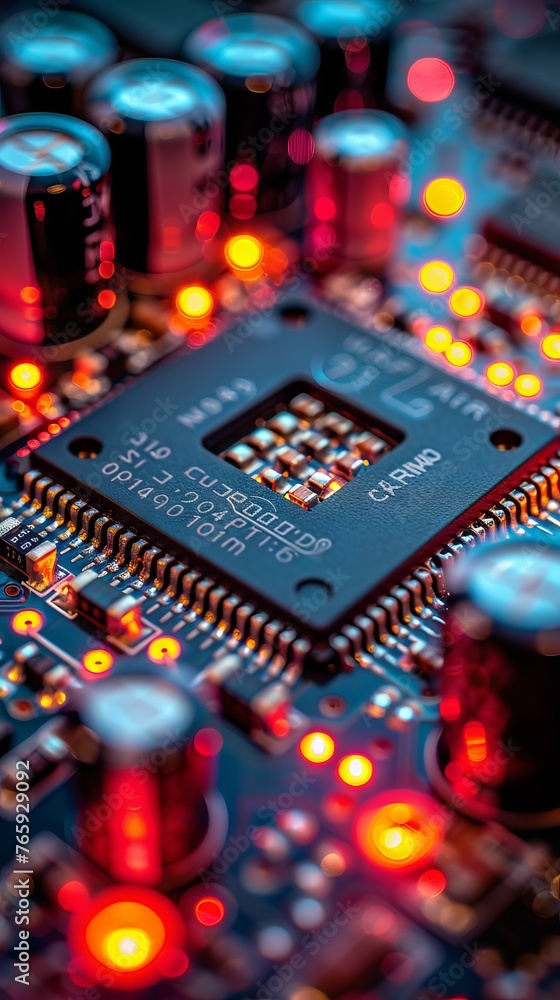 Poster blue pcb with dedicated copper traces and solder points. concept: presentations of educational mater