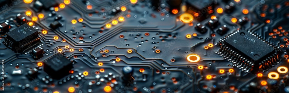 Poster blue pcb with dedicated copper traces and solder points. concept: presentations of educational mater