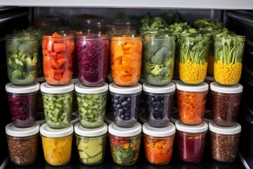 Meal prep containers being organized in a fridge. - obrazy, fototapety, plakaty
