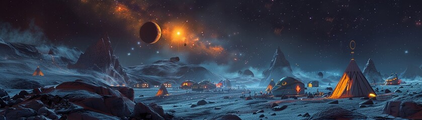 On a distant asteroid, a spacefaring nomadic tribe roams under the glow of a shimmering nebula Show their colorful tent village with intricate details of alien artifacts and technologies  - obrazy, fototapety, plakaty