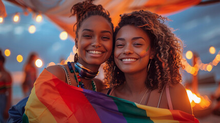Two young black african American women lgbt couple hugging smiling holding lgbt rainbow big flag draped over shoulders at sunset beach party at summer, AI