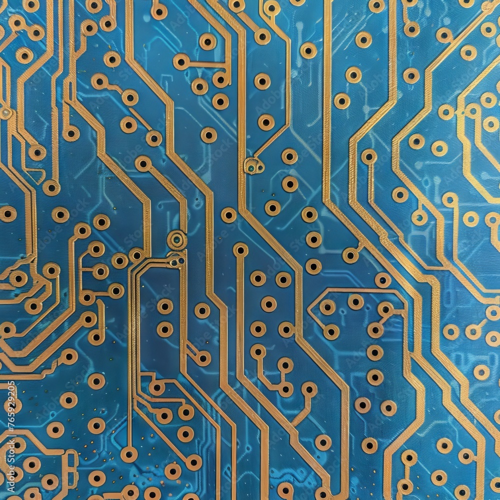 Poster blue pcb with dedicated copper traces and solder points. concept: presentations of educational mater