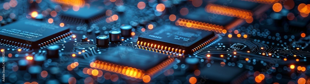 Poster blue pcb with dedicated copper traces and solder points. concept: presentations of educational mater