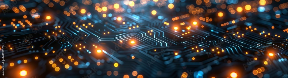 Poster blue pcb with dedicated copper traces and solder points. concept: presentations of educational mater