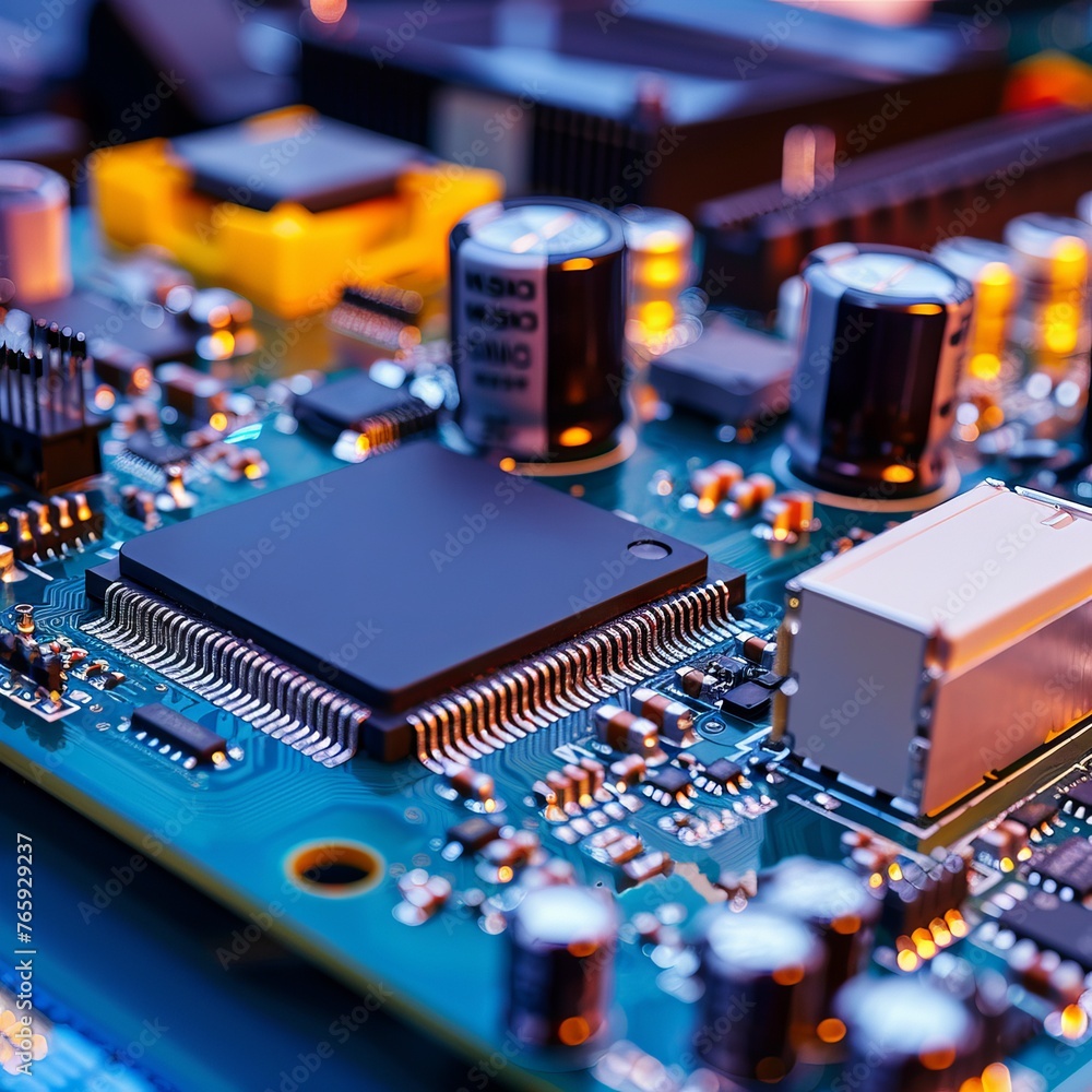 Poster blue pcb with dedicated copper traces and solder points. concept: presentations of educational mater
