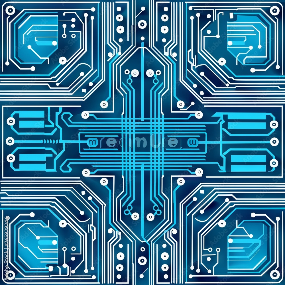 Poster blue pcb with dedicated copper traces and solder points. concept: presentations of educational mater