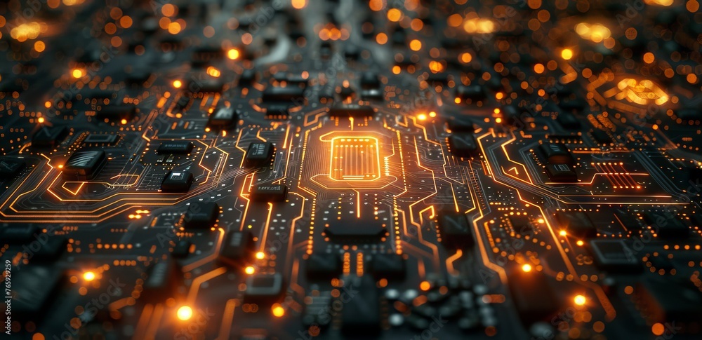 Poster orange pcb with dedicated copper traces and solder points. concept: presentations of educational mat