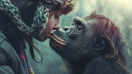 Compassionate Bonding: A Tender Moment of Girl and Monkey Connection Amidst Nature - obrazy, fototapety, plakaty