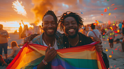 Two young black african American men lgbt couple hugging smiling holding lgbt rainbow big flag draped over shoulders at sunset beach party at summer