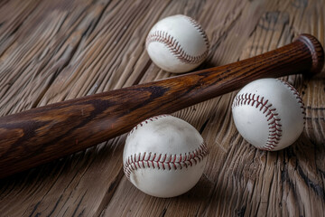 Vintage baseball and wooden bat on wooden table, captured in warm retro tones with vignetting.