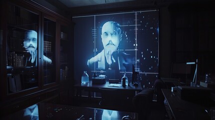 Fototapeta premium Interactive Educational Hologram: Light Particle Portrait of Historical Figure in Research Lab