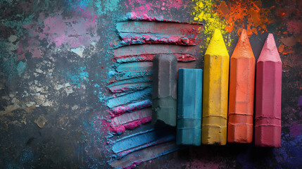Top view of dry pastel sticks in all colors on dark background. Art and craft equipment. Generative...