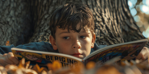 Young Boy Engrossed in Superhero Comic Book