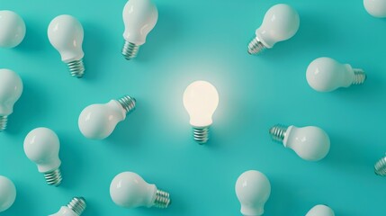 Light bulbs on a turquoise blue background, only one is lit as a concept of a good idea. 