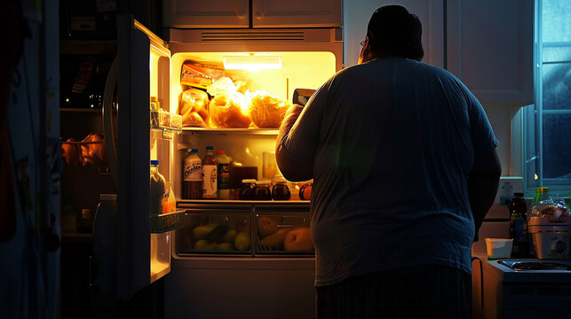 
pessoa obesa abrindo a porta da geladeira de madrugada