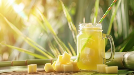 Freshly squeezed sugar cane juice in a mason jar with a cute colours straw, pieces of cane on background, matching light colours background - obrazy, fototapety, plakaty