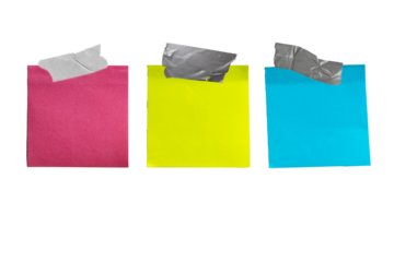 Blank multicolour paper message note sticky notes for events reminder transparent background office business white empty page label adhesive tape
