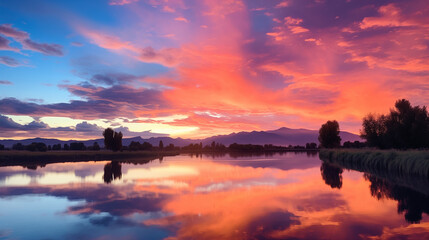 Obraz premium High-Resolution Photo with Golden Hour Lighting, Warm Orange and Pink Hues, Panoramic View, Detailed Landscape, Tranquil Atmosphere.