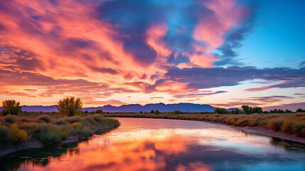 Fototapeta premium High-Resolution Photo with Golden Hour Lighting, Warm Orange and Pink Hues, Panoramic View, Detailed Landscape, Tranquil Atmosphere.