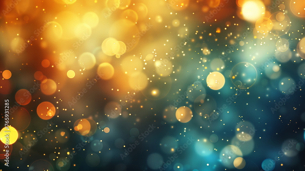 Poster defocused xmas lights. sparkling golden colorful particles, glowing bokeh lights. festive abstract c