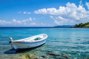 Naklejka na ściany i meble Serene sea with anchored white boat