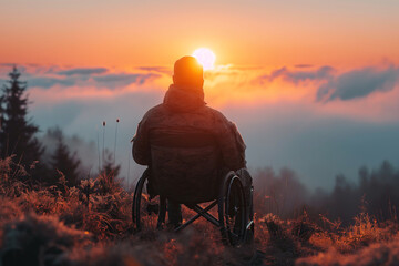 back of disabled military man in invalid wheelchair in nature at sunset - obrazy, fototapety, plakaty