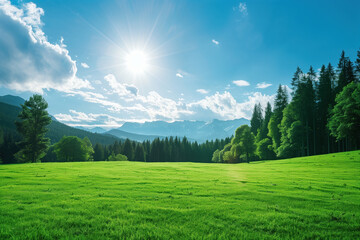 Sunlit mountains and green meadow