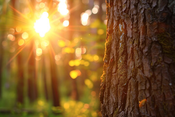 Sunlight through forest on tree bark