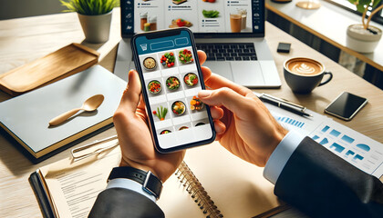 Businessman's hands holding a smartphone, browsing through a selection of healthy food options on a food delivery app.