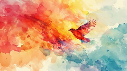 Vibrant watercolor illustration of a bird in flight with a warm sunset palette. Creativity and expression concept for wall decor and artistic print - obrazy, fototapety, plakaty